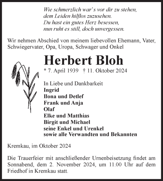 Traueranzeige von Herbert Bloh von Volksstimme Altmark Ost