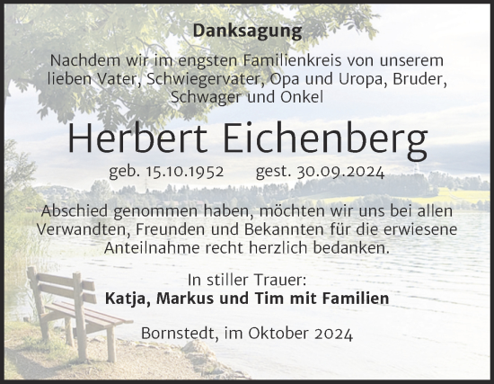 Traueranzeige von Herbert Eichenberg von Trauerkombi Mansfelder Land
