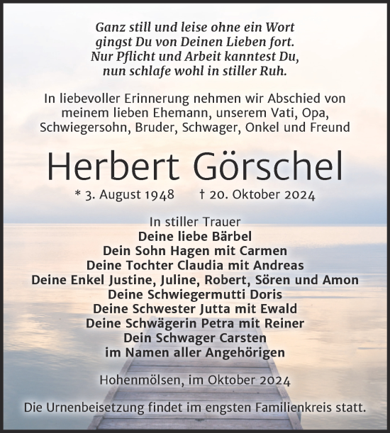 Traueranzeige von Herbert Görschel von Trauerkombi Weißenfels