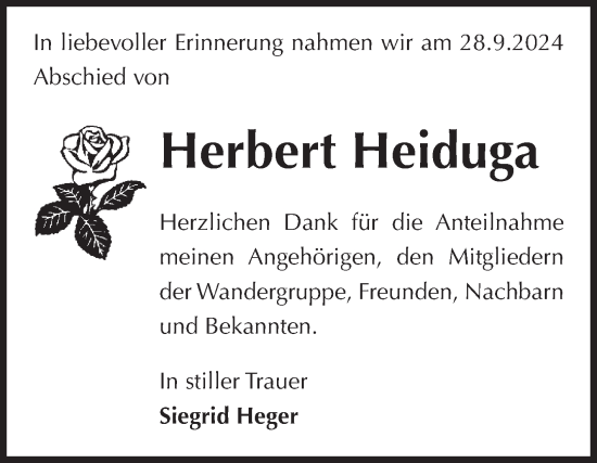 Traueranzeige von Herbert Heiduga von Volksstimme Altmark Ost