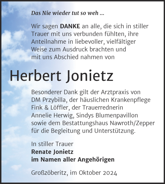 Traueranzeige von Herbert Jonietz von Trauerkombi Bitterfeld