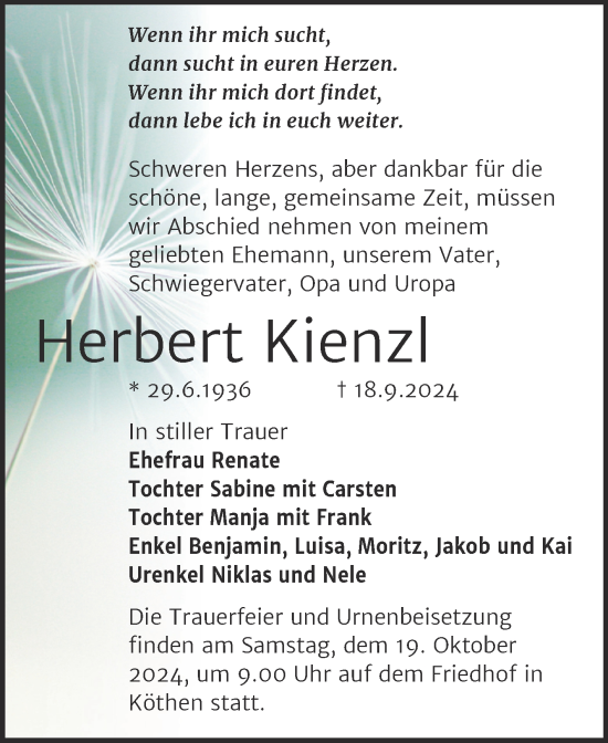 Traueranzeige von Herbert Kienzl von Trauerkombi Köthen