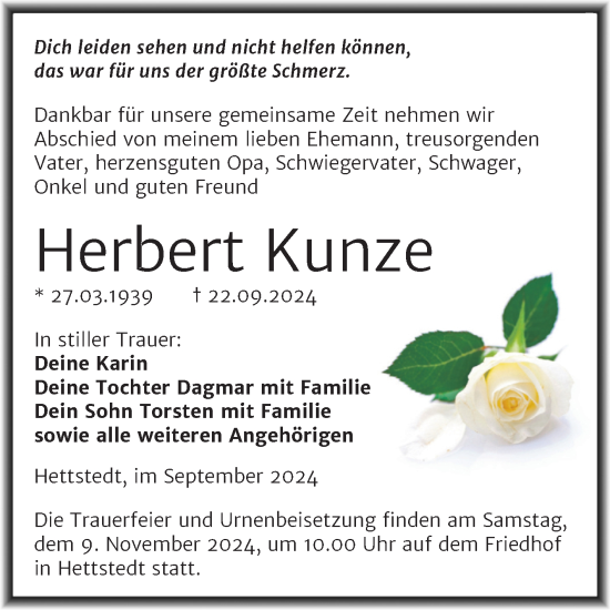 Traueranzeige von Herbert Kunze von Trauerkombi Mansfelder Land