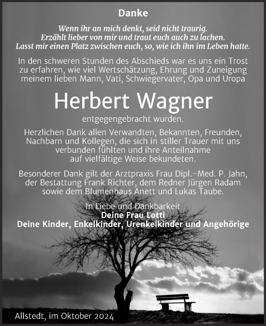Traueranzeige von Herbert Wagner von Trauerkombi Sangerhausen