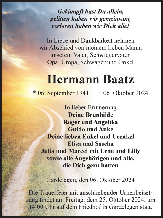 Traueranzeige von Hermann Baatz von Volksstimme Altmark West