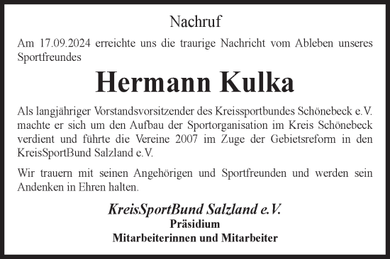 Traueranzeige von Hermann Kulka 