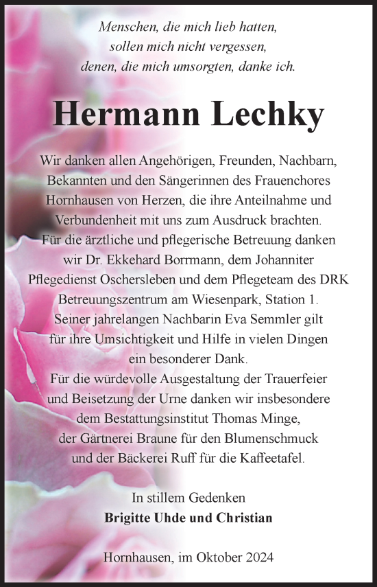 Traueranzeige von Hermann Lechky von Volksstimme Oschersleben/Wanzleben
