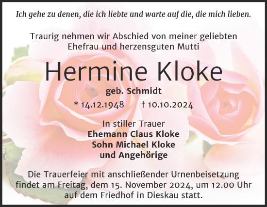 Traueranzeige von Hermine Kloke von Mitteldeutsche Zeitung Halle/Saalkreis
