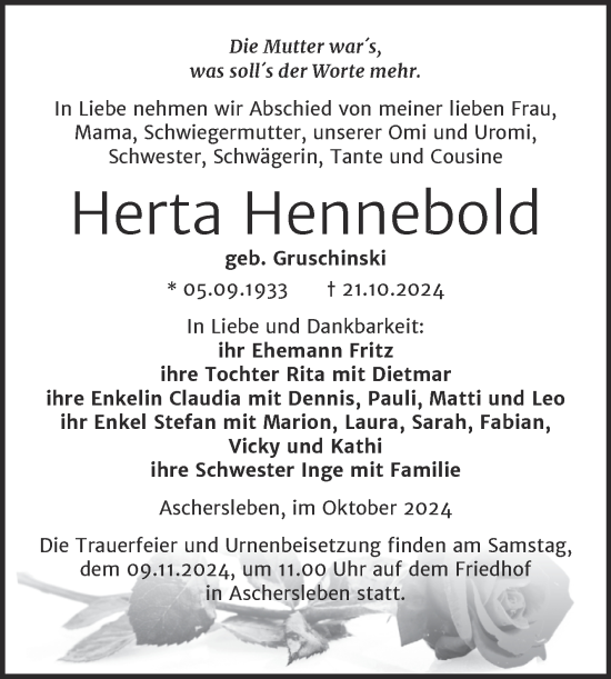 Traueranzeige von Herta Hennebold von Trauerkombi Aschersleben