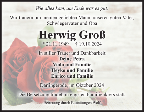 Traueranzeige von Herwig Groß von Volksstimme Wernigerode
