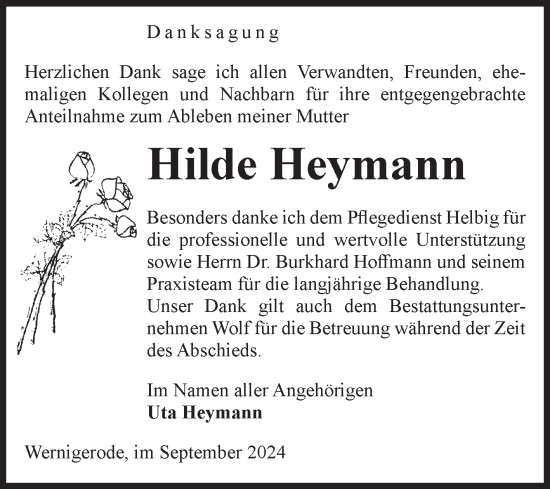Traueranzeige von Hilde Heymann von Volksstimme Wernigerode