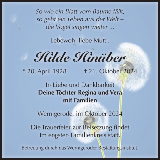 Traueranzeige von Hilde Hinüber von Volksstimme Wernigerode