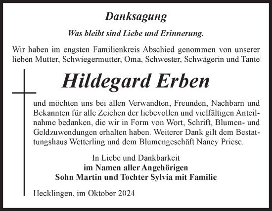 Traueranzeige von Hildegard Erben von Volksstimme Staßfurt