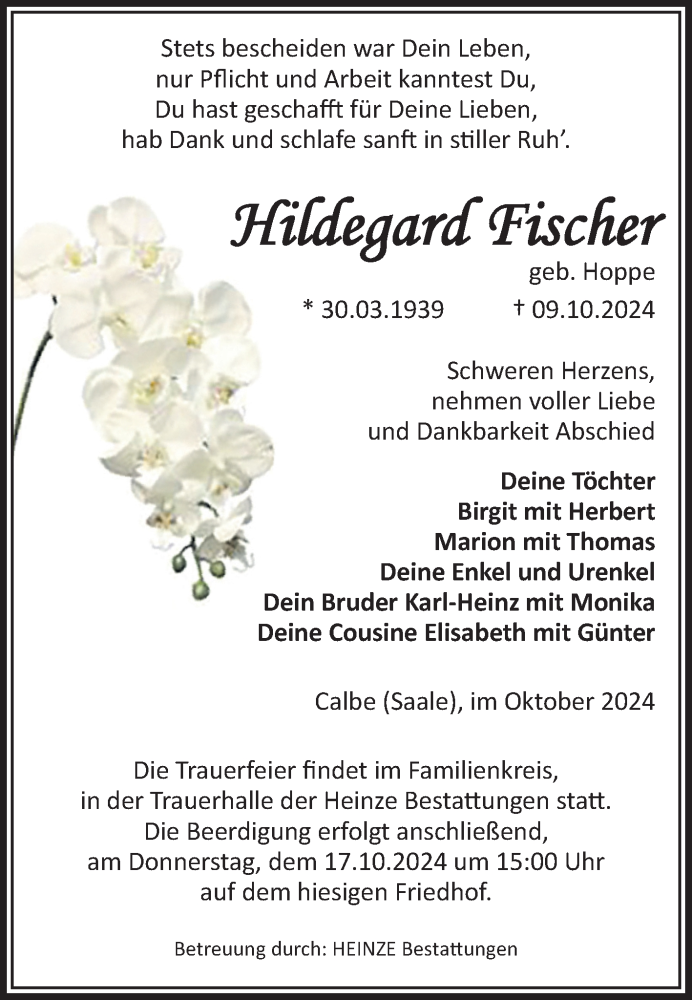  Traueranzeige für Hildegard Fischer vom 12.10.2024 aus Volksstimme Schönebeck