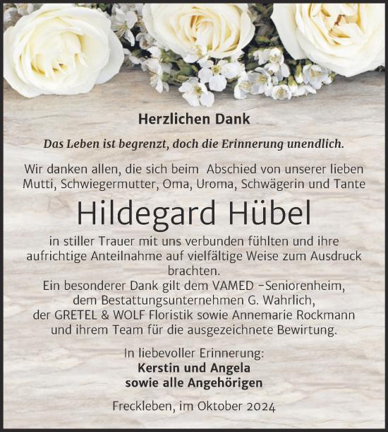 Traueranzeige von Hildegard Hübel von Trauerkombi Aschersleben