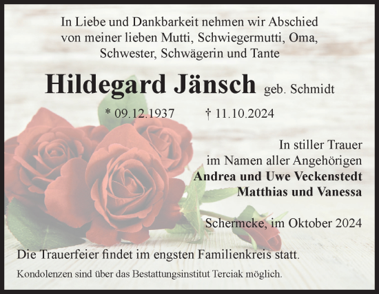Traueranzeige von Hildegard Jänsch von Volksstimme Oschersleben/Wanzleben