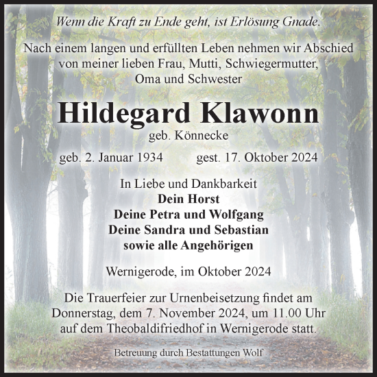 Traueranzeige von Hildegard Klawonn von Volksstimme Wernigerode