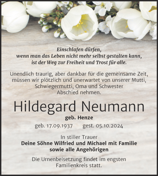 Traueranzeige von Hildegard Neumann von Trauerkombi Weißenfels