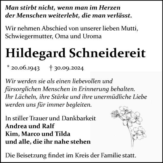 Traueranzeige von Hildegard Schneidereit von Trauerkombi Bitterfeld
