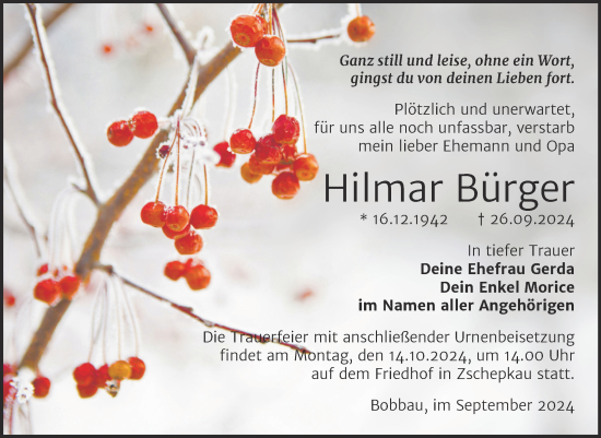 Traueranzeige von Hilmar Bürger von Trauerkombi Bitterfeld