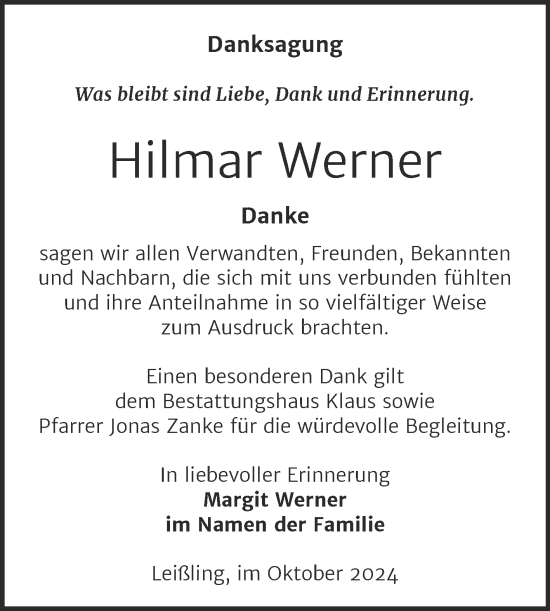 Traueranzeige von Hilmar Werner von Trauerkombi Weißenfels