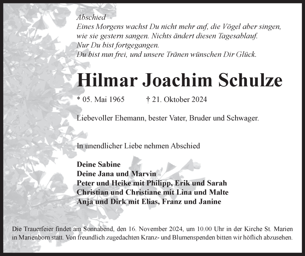  Traueranzeige für Hilmar Joachim Schulze vom 26.10.2024 aus Volksstimme Oschersleben/Wanzleben