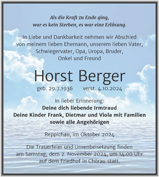 Traueranzeige von Horst Berger von Trauerkombi Köthen