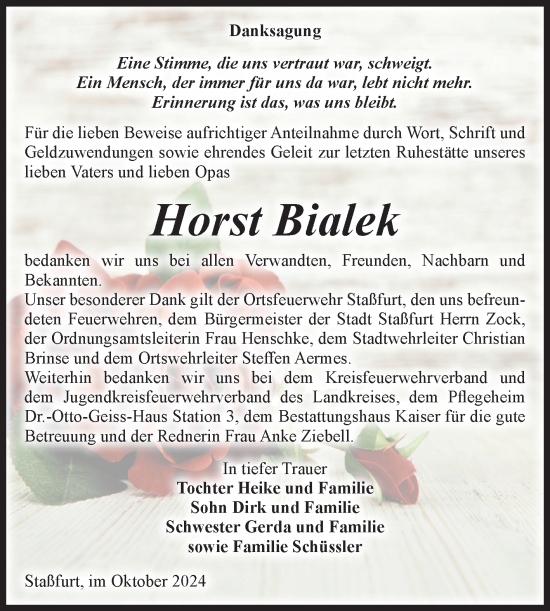 Traueranzeige von Horst Bialek von Volksstimme Staßfurt