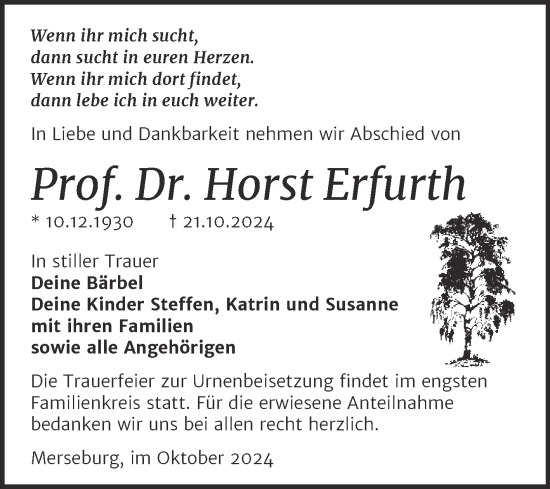 Traueranzeige von Horst Erfurth von Trauerkombi Merseburg