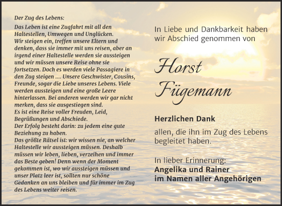 Traueranzeige von Horst Fügemann von Trauerkombi Mansfelder Land