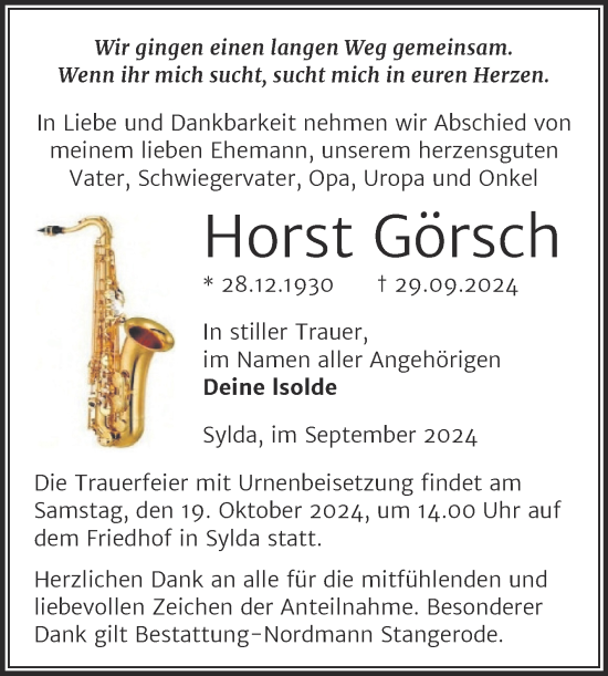 Traueranzeige von Horst Görsch von Trauerkombi Mansfelder Land