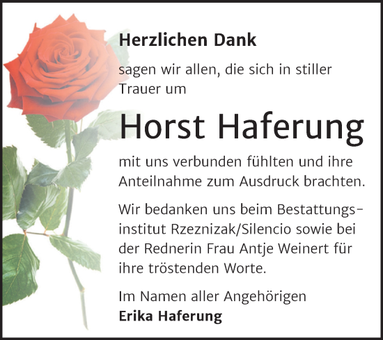 Traueranzeige von Horst Haferung von Trauerkombi Mansfelder Land