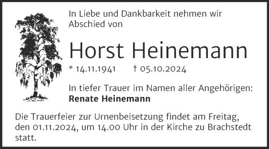 Traueranzeige von Horst Heinemann von Mitteldeutsche Zeitung Halle/Saalkreis