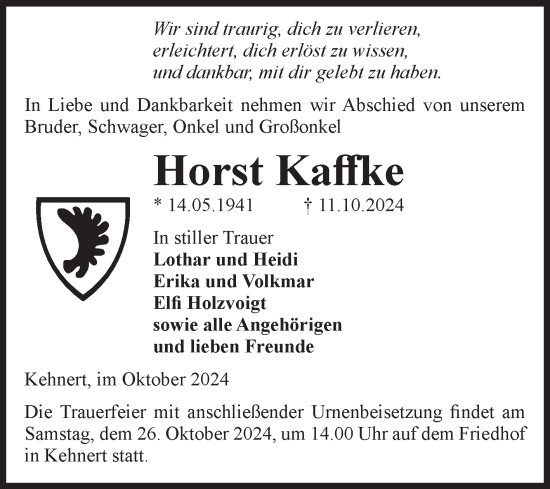 Traueranzeige von Horst Kaffke von Volksstimme Altmark Ost