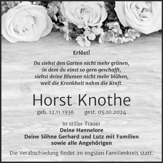 Traueranzeige von Horst Knothe von Trauerkombi Sangerhausen