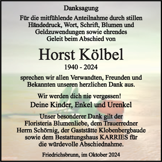 Traueranzeige von Horst Kölbel von Trauerkombi Quedlinburg