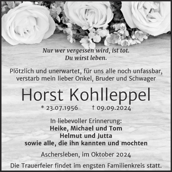 Traueranzeige von Horst Kohlleppel von Trauerkombi Aschersleben