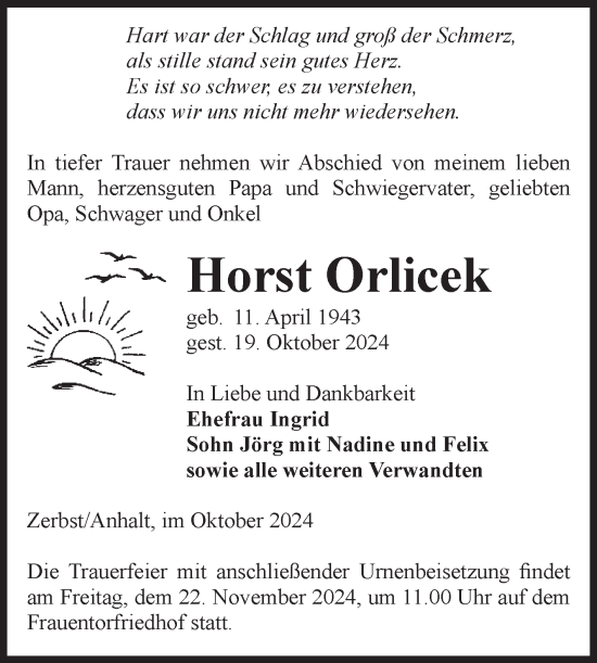 Traueranzeige von Horst Orlicek von Volksstimme Zerbst
