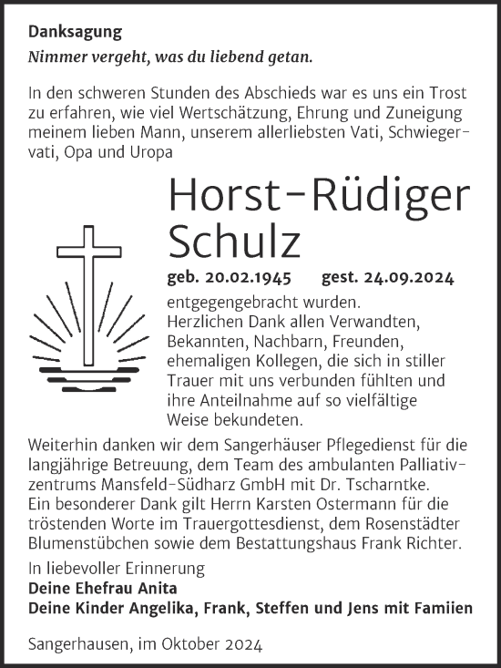 Traueranzeige von Horst-Rüdiger Schulz von Trauerkombi Sangerhausen