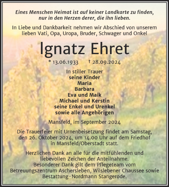 Traueranzeige von Ignatz Ehret von Trauerkombi Mansfelder Land