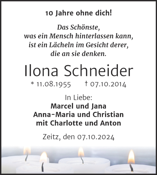 Traueranzeige von Ilona Schneider von Trauerkombi Zeitz