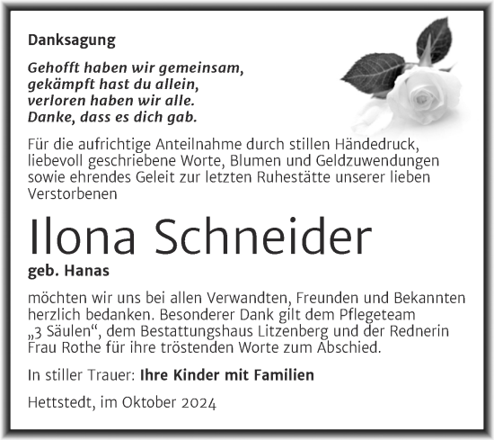 Traueranzeige von Ilona Schneider von Trauerkombi Mansfelder Land