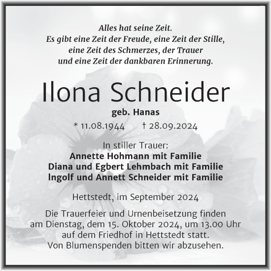 Traueranzeige von Ilona Schneider von Trauerkombi Mansfelder Land