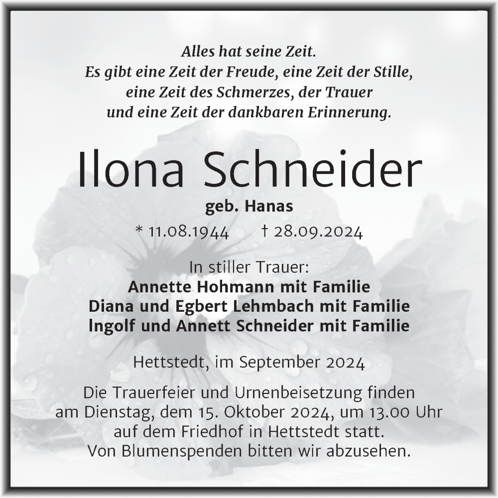  Traueranzeige für Ilona Schneider vom 05.10.2024 aus Trauerkombi Mansfelder Land