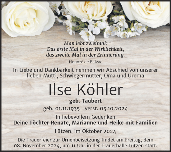 Traueranzeige von Ilse Köhler von Trauerkombi Weißenfels