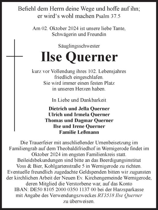 Traueranzeige von Ilse Querner von Volksstimme Wernigerode