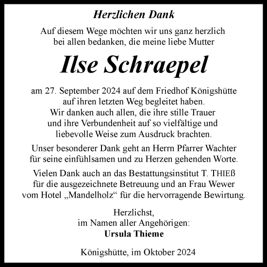 Traueranzeige von Ilse Schraepel von Volksstimme Wernigerode