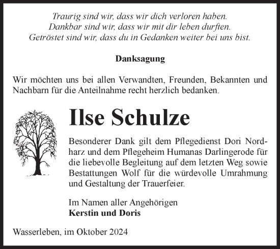Traueranzeige von Ilse Schulze von Volksstimme Wernigerode