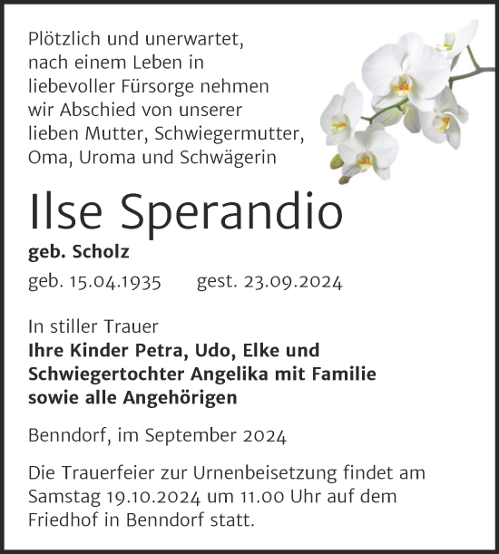 Traueranzeige von Ilse Sperandio von Trauerkombi Mansfelder Land