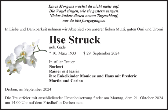 Traueranzeige von Ilse Struck von Volksstimme Burg/Genthin